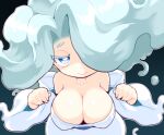  1girl bare_shoulders blue_eyes breasts bright_pupils cleavage closed_mouth collarbone colored_eyelashes enraenra_(youkai_watch) ghost ghost_tail grey_background hair_over_one_eye half-closed_eyes huge_breasts long_hair no_nose nollety smile upper_body white_hair white_pupils wide_sleeves youkai_watch 