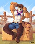  abs anjing_kampuss anthro areola biped clothed clothing cloud countershade_face countershade_torso countershading cowboy cowboy_hat grass hat headgear headwear hi_res looking_at_viewer male mammal muscular muscular_anthro muscular_male mustelid nipples one_eye_closed otter pecs plant pubes smile smiling_at_viewer solo topless topless_anthro topless_male wink winking_at_viewer 