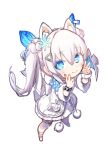  1girl animal_ear_fluff animal_ears blue_bow blue_eyes blush bow butterfly_hair_ornament chibi closed_mouth double_bun double_v full_body fur-trimmed_sleeves fur_trim goddess_of_victory:_nikke hair_between_eyes hair_bun hair_ornament highres jacket long_hair n102_(miracle_fairy)_(nikke) n102_(nikke) nekomanma-sensei official_alternate_costume pleated_skirt pom_pom_(clothes) scrunchie short_sleeves short_twintails simple_background skirt smile snowflake_hair_ornament solo standing twintails v watch white_background white_hair white_jacket white_skirt wrist_scrunchie wristwatch zipper 