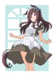  1girl alternate_costume animal_ears apron black_dress blush brown_hair dress enmaided frilled_apron frills from_below highres horse_ears horse_girl horse_tail long_hair looking_at_viewer looking_down maid maid_apron maid_headdress mejiro_dober_(umamusume) open_mouth puffy_short_sleeves puffy_sleeves purple_eyes shiromaru_illust short_sleeves solo tail umamusume waist_apron white_apron 