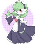  1girl absurdres apron arm_at_side artist_name black_bow black_choker black_skirt black_sleeves blush bob_cut bow choker clothed_pokemon colored_skin commentary_request detached_sleeves flat_chest frilled_apron frilled_choker frilled_skirt frilled_sleeves frills full_body gardevoir green_hair green_skin hair_bow hair_over_one_eye hand_up happy highres juliet_sleeves long_skirt long_sleeves looking_to_the_side maid maid_headdress meru_(mer_milky77) multicolored_skin one_eye_covered open_mouth plaid plaid_background pokemon pokemon_(creature) puffy_sleeves purple_background red_eyes short_hair signature skirt smile solo standing topless twitter_username two-tone_skin waist_apron waving white_apron white_skin 