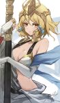  1girl bare_shoulders blonde_hair breasts bridal_gauntlets character_request cleavage closed_mouth collarbone dated earrings granblue_fantasy highres holding holding_sword holding_weapon jewelry large_breasts looking_at_viewer midriff punished_pigeon revealing_clothes sheath sheathed short_hair sidelocks sign solo sword upper_body v-shaped_eyebrows weapon yellow_eyes 