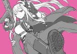  1girl ak-12 ak-12_(girls&#039;_frontline) assault_rifle boots breasts fingerless_gloves girls&#039;_frontline gloves greyscale_with_colored_background gun holding holding_gun holding_weapon jacket kalashnikov_rifle large_breasts long_hair monochrome nakiusagi one_eye_closed pants pink_background pink_eyes rifle shoe_soles simple_background solo spot_color weapon 