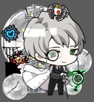  1boy akaimo_(akaimokou) black_jacket black_necktie black_pants blue_star chibi closed_mouth coat coat_on_shoulders green_eyes greyscale hokma_(project_moon) jacket library_of_ruina looking_at_viewer male_focus monochrome monocle necktie pants project_moon smile solo the_burrowing_heaven the_price_of_silence white_coat whitenight_(lobotomy_corporation) 