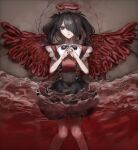 1girl ame-chan_(needy_girl_overdose) black_eyes black_hair black_ribbon black_skirt blood blood_on_hands collared_shirt fake_wings feet_out_of_frame from_above hair_ornament hair_over_one_eye halo hands_on_own_chest highres intestines looking_at_viewer lying neck_ribbon needy_girl_overdose ocean on_back own_hands_together partially_submerged pool_of_blood red_halo red_shirt red_wings ribbon sand sanmanako shirt shirt_tucked_in skirt smile solo suspender_skirt suspenders twintails wings x_hair_ornament 