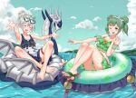  2girls absurdres alternate_costume bikini clover commission commissioner_upload fire_emblem fire_emblem_fates floral_print flower green_bikini green_hair grey_one-piece_swimsuit hair_bun highres igni_tion innertube kana_(female)_(fire_emblem) kana_(fire_emblem) midori_(fire_emblem) multiple_girls non-web_source one-piece_swimsuit short_twintails sky sunglasses swimsuit twintails water white_hair 