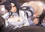  2girls animal_ears ass atago_(azur_lane) azur_lane black_hair black_pantyhose breasts brown_thighhighs cameltoe gloves highres indoors large_breasts long_sleeves looking_at_viewer mappaninatta mole mole_under_eye multiple_girls open_mouth orange_eyes panties panties_under_pantyhose pantyhose skindentation spread_legs takao_(azur_lane) thighband_pantyhose thighhighs underwear white_gloves white_panties yuri 