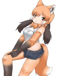  1girl adjusting_clothes adjusting_legwear animal_ears bare_shoulders blush bow bowtie brown_gloves brown_hair brown_pantyhose cutoffs denim denim_shorts elbow_gloves extra_ears gloves gradient_gloves gradient_legwear hair_between_eyes highres kemono_friends looking_at_viewer maned_wolf_(kemono_friends) midriff multicolored_hair navel orange_bow orange_bowtie orange_eyes orange_gloves orange_hair orange_pantyhose pantyhose shirt short_shorts shorts sidelocks solo tail twintails two-tone_gloves two-tone_pantyhose uf34a white_shirt wolf_ears wolf_girl wolf_tail 