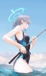  1girl animal_ears blue_archive blue_sky breasts cloud competition_swimsuit day ear_piercing fishing_rod from_side grey_hair halo highres holding holding_fishing_rod medium_breasts one-piece_swimsuit outdoors piercing ponytail profile shiroko_(blue_archive) shiroko_(swimsuit)_(blue_archive) sky solo sul_(_20sub) swimsuit wading water wet wet_hair 