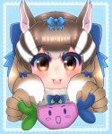  1girl animal_ears blue_background brown_eyes brown_hair chipmunk_ears chipmunk_girl extra_ears gloves highres hikarikmy kemono_friends kemono_friends_v_project looking_at_viewer microphone multicolored_hair panties ribbon short_hair siberian_chipmunk_(kemono_friends) simple_background solo two-tone_hair underwear upper_body virtual_youtuber white_hair 