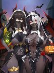  2girls absurdres bat_(animal) black_thighhighs breasts chain fangs feathers flower green_eyes hair_ornament halloween halloween_bucket highres horns mouth_veil multicolored_hair multiple_girls original red_eyes thighhighs veil wish-tf 