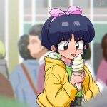  blue_hair blue_jacket blurry blurry_background bow brown_eyes hair_bow ice_cream_cone jacket pink_bow ranma_1/2 short_hair solo_focus tendou_akane tongue tongue_out wanta_(futoshi) yellow_jacket 