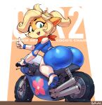  2023 absurd_res activision anthro bandicoot big_butt biped blonde_hair bodily_fluids borvar butt butt_focus coco_bandicoot crash_bandicoot_(series) english_text female flat_tire gesture green_eyes hair hi_res huge_butt mammal marsupial motorcycle open_mouth open_smile racing_suit smile solo sweat text thumbs_up vehicle 