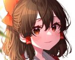  1girl blurry blurry_background blush bow brown_eyes brown_hair close-up commentary_request eyes_visible_through_hair hair_between_eyes hair_bow hair_tubes hakurei_reimu happy highres light_smile long_hair looking_at_viewer parted_lips portrait red_bow solo touhou yamada_sakura 