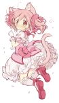  1girl absurdres animal_ears cat_ears cat_tail commentary full_body gloves highres hitode kaname_madoka looking_at_viewer mahou_shoujo_madoka_magica pink_eyes pink_footwear pink_hair short_hair short_sleeves short_twintails simple_background socks solo tail twintails white_background white_gloves white_socks 