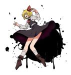  1girl ascot black_skirt black_vest blonde_hair brown_footwear full_body hair_ribbon long_sleeves open_mouth red_ascot red_eyes red_ribbon ribbon rumia shirt shishi_osamu short_hair simple_background skirt socks solo touhou vest white_background white_shirt white_socks 