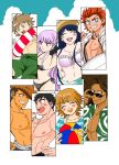  2girls 6+boys :d ahoge ball bikini black_bikini black_hair blue_hair blush breasts brown_hair cleavage collarbone danganronpa:_trigger_happy_havoc danganronpa_(series) danganronpa_s:_ultimate_summer_camp dreadlocks fujisaki_chihiro green_male_swimwear green_shirt hagakure_yasuhiro happy highres holding holding_ball jacket kirigiri_kyoko kuwata_leon kuzuryu_fuyuhiko long_hair maizono_sayaka male_swimwear multiple_boys multiple_girls naegi_makoto navel official_alternate_costume open_clothes open_jacket orange_hair owada_mondo pink_hair shi_o_(sio_mamehuku) shirt short_hair smile stomach striped striped_shirt swimsuit teeth upper_teeth_only white_bikini white_jacket white_shirt 