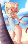  1girl ahoge andira_(granblue_fantasy) animal_ears beach blonde_hair blue_sky breasts brown_eyes casual_one-piece_swimsuit cloud day double_bun erune ether_core granblue_fantasy green_one-piece_swimsuit hair_bun highres horizon looking_at_viewer monkey_ears monkey_tail ocean one-piece_swimsuit outdoors palm_tree sky small_breasts smile solo swimsuit tail tree 