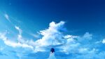  1girl absurdres blue_hair blue_sky cloud cloudy_sky commentary_request cumulonimbus_cloud dress facing_away from_behind furi0831 highres knees_to_chest long_dress long_hair original scenery sky sky_focus sleeveless sleeveless_dress solo white_dress wide_shot 