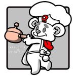  1:1 2022 ambiguous_gender anthro apron bear bimbo_(bakery) bimbo_bear biped border chef chef_hat clothed clothing english_text fur grey_background grey_eyes hat headgear headwear holding_object inner_ear_fluff kitchen_utensils ko_takeuchi male_(lore) mammal no_pupils outside_border short_tail simple_background smile solo spanish_text tail text tools tuft white_body white_border white_fur 