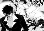  2boys animal cat coat collared_shirt copyright_name cowboy_shot gannnmoo glasses greyscale grin highres jacket kuroneko_(trigun) long_sleeves male_focus monochrome multiple_boys nicholas_d._wolfwood pants pectoral_cleavage pectorals profile round_eyewear shirt short_hair smile sunglasses trigun trigun_maximum upper_body vash_the_stampede 