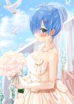  1girl animal bare_shoulders bird blue_eyes blue_hair blue_sky blush bouquet breasts bridal_veil closed_mouth cloud commentary_request day dress earrings elbow_gloves flower from_side gloves hair_ornament hair_over_one_eye high_ponytail highres holding holding_bouquet jewelry looking_at_viewer medium_breasts necklace one_eye_covered outdoors pearl_necklace pink_dress pink_flower pink_gloves pink_rose re:zero_kara_hajimeru_isekai_seikatsu rem_(re:zero) rose short_hair short_ponytail sky smile solo stairs strapless strapless_dress tarunyan tiara veil wedding_dress white_bird x_hair_ornament 