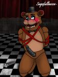  3:4 animatronic anthro bdsm bear blush bodily_fluids bondage bound cum five_nights_at_freddy&#039;s freddy_(fnaf) genital_fluids machine male mammal precum robot sagefullmoon scottgames solo sweat 