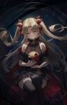  1girl absurdres black_dress black_jacket black_thighhighs blonde_hair cotta_(heleif) dark_background dress ereshkigal_(fate) fate/grand_order fate_(series) flower hair_ribbon halterneck highres holding holding_skull jacket looking_down off_shoulder parted_lips red_flower red_rose ribbon rose skull smile solo thighhighs twintails yellow_eyes 