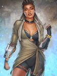  1girl absurdres black_hair breasts dark-skinned_female dark_skin dog_tags dreadlocks gloves highres jacqui_briggs long_hair looking_over_eyewear mortal_kombat mortal_kombat_x solo solo_focus very_dark_skin 