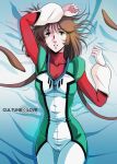  1980s_(style) 1girl bed bed_sheet bodysuit breasts brown_hair choujikuu_seiki_orguss emaan green_eyes grin highres mikimoto_haruhiko_(style) mimsy_raas mutant official_style orguss prehensile_hair retro_artstyle science_fiction smile uniform waeba_yuusee 