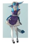  2023 absurd_res anthro anthrofied blush bottomwear canid clothed clothing eeveelution eyebrows eyelashes female footwear garter_belt garter_straps generation_4_pokemon glaceon gudlmok99 hi_res legwear looking_at_viewer maid_uniform mammal nintendo pokemon pokemon_(species) shoes simple_background smile solo standing stockings thigh_highs topwear uniform 