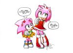  2girls amy_rose boots classic_amy_rose dated dress dual_persona english_text finik gloves green_eyes highres multiple_girls open_mouth red_dress shoes signature sonic_(series) speech_bubble white_background white_gloves 