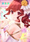  1girl anna_(bridal)_(fire_emblem) anna_(fire_emblem) dress edamameoka finger_to_own_chin fire_emblem fire_emblem_awakening fire_emblem_heroes flower from_side hair_flower hair_ornament highres index_finger_raised looking_at_viewer official_alternate_costume ponytail red_eyes red_hair smile solo upper_body wedding_dress white_dress 