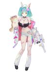  1girl :p absurdres ahoge animal_ears aqua_hair arm_strap assault_rifle bandaid bandaid_on_head bandaid_on_leg belt black_choker black_footwear black_tank_top blunt_bangs breasts cat_ears choker cleavage ditto fake_animal_ears full_body gun hair_ornament hairclip heart heart-shaped_eyewear heart_belt heart_choker highres holding holding_gun holding_weapon jacket large_breasts long_hair looking_at_viewer navel off_shoulder original pac-man_(game) pokemon rifle short_shorts shorts sidelocks space_invaders standing sticker stuffed_animal stuffed_toy tank_top thigh_strap tongue tongue_out twintails weapon white_belt white_jacket white_leg_warmers white_shorts yellow_eyes 