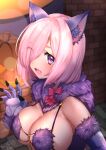  1girl absurdres animal_ears ars_(pixiv74346033) bare_shoulders bow breasts cleavage elbow_gloves fate/grand_order fate_(series) fur-trimmed_gloves fur_collar fur_trim gloves hair_over_one_eye highres large_breasts looking_at_viewer mash_kyrielight mash_kyrielight_(dangerous_beast) o-ring open_mouth purple_eyes purple_gloves revealing_clothes short_hair solo wolf_ears 
