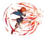  1boy aged_down blue_eyes brown_footwear capelet eliwood_(fire_emblem) fire_emblem fire_emblem:_the_blazing_blade fire_emblem_heroes holding holding_sword holding_weapon neck_ribbon official_alternate_costume official_art open_mouth red_capelet red_hair red_ribbon ribbon sheath solo sword upper_body v-shaped_eyebrows weapon 