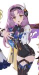  1girl 2others :o absurdres black_gloves black_hairband black_thighhighs blue_necktie commentary_request cosplay cowboy_shot eula_(genshin_impact) eula_(genshin_impact)_(cosplay) fire_emblem fire_emblem:_the_blazing_blade florina_(fire_emblem) genshin_impact gloves green_eyes hair_ornament hairband highres long_hair looking_at_viewer mariirasuto7 multiple_others necktie open_mouth purple_hair shirt solo_focus standing thighhighs thighs very_long_hair white_shirt 