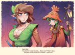  2girls blue_eyes breasts brellom brown_hair earrings genderswap green_hair huge_breasts jewelry large_breasts link link_(shounen_captain) long_hair looking_at_viewer multiple_girls pointy_ears saria_(zelda) skull_kid the_legend_of_zelda 