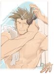  1boy ace_attorney after_bathing bara brown_hair brushing_hair character_request comb fang fang_out large_pectorals long_sideburns luboyaqqz male_focus mature_male muscular muscular_male no_nipples nude pectorals short_hair sideburns sketch smile solo translation_request upper_body 