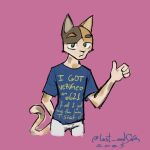  2023 anthro bored calico_cat clothed clothing digital_media_(artwork) domestic_cat english_text felid feline felis fur gesture halcyon_(series) hi_res looking_at_viewer lost_andsafe male mammal palisade_(halcyon) simple_background solo tail text thumbs_up 
