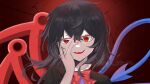  1girl :d asymmetrical_wings black_hair blue_wings bow bowtie commentary_request hand_on_own_face highres houjuu_nue kuro_wa_shinoru looking_at_viewer medium_hair open_mouth red-framed_eyewear red_bow red_bowtie red_eyes red_wings smile solo touhou upper_body wings 