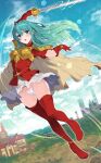  1girl :o aqua_hair armor blue_eyes blue_sky boots bracelet breastplate cape earrings eirika_(fire_emblem) fingerless_gloves fire_emblem fire_emblem:_the_sacred_stones gloves holding holding_sword holding_weapon jewelry light_particles long_hair miniskirt miyazakit open_mouth panties pantyshot rapier red_footwear red_gloves red_shirt red_thighhighs shirt short_sleeves shoulder_armor skirt sky solo sword thigh_boots thighhighs underwear weapon white_panties white_skirt 
