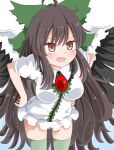  1girl ahoge bird_wings black_wings blue_background blush bow breasts brown_eyes brown_hair cape collared_shirt commentary_request cowboy_shot cowlick frilled_shirt frilled_shirt_collar frills gradient_background green_bow green_thighhighs hair_bow hands_on_own_hips highres leaning_forward long_hair looking_afar medium_bangs medium_breasts no_pants open_mouth panties reiuji_utsuho rozugadena shirt short_sleeves smile solo teeth thighhighs third_eye touhou underwear upper_teeth_only very_long_hair white_background white_cape white_panties white_shirt wings 