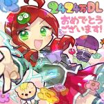  1girl 2boys ahoge andou_ringo black_thighhighs doradorakingyo drill_hair foreshortening green_eyes grey_jacket hair_over_eyes jacket kendama multiple_boys pleated_skirt purple_hair puyo_(puyopuyo) puyopuyo puyopuyo_7 red_hair red_skirt risukuma_(puyopuyo) sasaki_maguro school_uniform skirt thighhighs twin_drills 