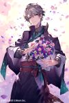  1boy black_capelet black_hakama blue_eyes blue_flower bouquet buttoned_cuffs capelet checkered_clothes checkered_kimono collared_shirt copyright cowboy_shot earrings essual_(layer_world) falling_petals flower gradient_background gradient_clothes grey_hair grey_shirt hair_between_eyes hakama highres holding holding_bouquet japanese_clothes jewelry kaida_haru kaida_haru_(1st_costume) kimono long_sleeves looking_at_viewer male_focus mismatched_earrings nijisanji obijime official_art petals pink_background pink_flower print_kimono purple_flower red_eyeliner red_sash sash shirt short_hair smile solo tassel tassel_earrings virtual_youtuber white_flower white_kimono yellow_flower 