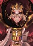  1girl absurdres blonde_hair body_markings braid chalice crown dragon_claw dragon_tail facial_mark fate/grand_order fate_(series) french_braid grail hair_intakes highres holding holy_grail_(fate) huge_claws large_horns looking_at_viewer nero_claudius_(fate) queen_draco_(fate) red_eyes robe scales shoulder_plates smile solo tail teeth white_gemstone white_robe yuyuenimo 