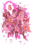  6+boys 6+girls absurdres animal_bag asymmetrical_legwear backpack bag belt black_hair black_shirt blonde_hair blue_hair breasts brown_hair brown_skirt cat_bag cat_hair_ornament chain_necklace chair cleavage closed_eyes collarbone collared_shirt danganronpa_(series) danganronpa_2:_goodbye_despair dress dress_shirt everyone flipped_hair formal glasses green_eyes green_jacket hair_horns hair_ornament hanamura_teruteru hat highres hinata_hajime hood hooded_jacket jacket japanese_clothes jewelry kimono koizumi_mahiru komaeda_nagito kuzuryu_fuyuhiko large_breasts leari_(leariqa) light_brown_hair long_hair long_sleeves looking_at_viewer medium_breasts medium_hair mioda_ibuki mismatched_legwear monokuma mouth_piercing multicolored_hair multiple_boys multiple_girls nanami_chiaki neck_ribbon neckerchief necklace nidai_nekomaru open_clothes open_jacket open_mouth orange_kimono owari_akane pekoyama_peko piercing pink_background pink_bag pink_eyes pink_hair pink_ribbon pleated_skirt purple_hair red_eyes red_hair red_neckerchief ribbon saionji_hiyoko school_uniform serafuku shirt shirt_tucked_in short_hair sitting skirt smile soda_kazuichi sonia_nevermind tanaka_gundham thighhighs togami_byakuya_(danganronpa_2) tsumiki_mikan twintails white_background white_hair white_shirt 