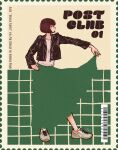  1girl barcode black_jacket blending brown_hair english_text full_body green_skirt hand_on_own_hip highres holding holding_clothes holding_skirt jacket leather leather_jacket long_skirt long_sleeves original postage_stamp profile shirt shoes short_hair signature skirt solo standing syooooyoooo white_shirt 