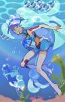  1girl air_bubble aria_pkmn barefoot blue_eyes blurry blurry_background bubble colored_eyelashes commentary_request corsola crossover eyelashes green_hair grey_headwear hair_between_eyes hatsune_miku highres knees long_hair mouth_hold outdoors pokemon pokemon_(creature) solo toes twintails underwater visor_cap vocaloid wishiwashi wishiwashi_(solo) 