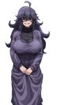  1girl @_@ absurdres ahoge alternate_breast_size awesomeerix black_dress black_eyes black_hair blush breasts dress hairband hex_maniac_(pokemon) highres large_breasts long_dress long_hair long_sleeves looking_at_viewer messy_hair open_mouth pokemon pokemon_(game) pokemon_xy purple_hairband sitting smile solo 
